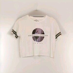 Universal Studios Women's Size Large Crop Top Ivory Green & Silver Globe Graphic
